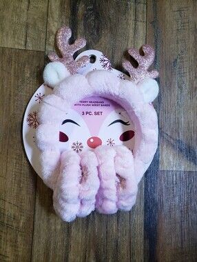 3 Piece Plush Pink Reindeer Headband & Wristband Spa  Set